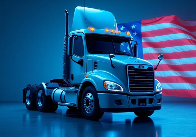 Allen House Moving heavy truck crossing the border with stylized US and Mexico flags