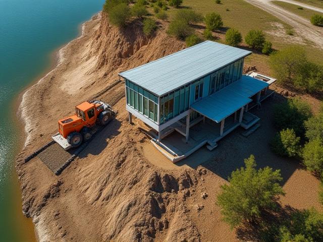 Modern lakeside home being moved inland to prevent erosion damage