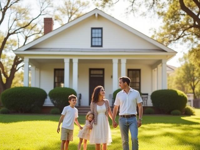 Happy family in front of their recently moved historic house in Tyler, TX