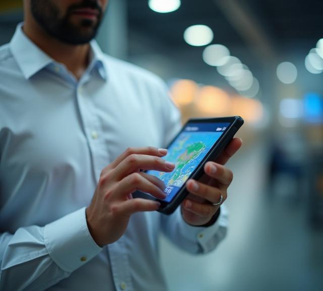 Logistics professional analyzing transport routes on a tablet