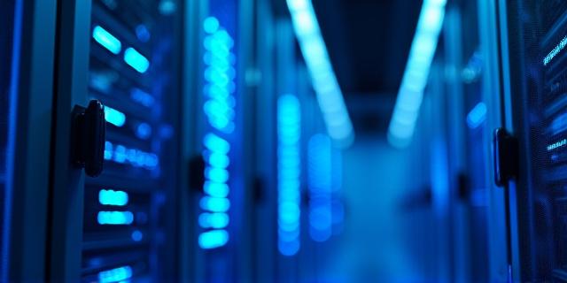 Secure data server with blue atmospheric lighting