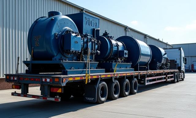 Flatbed trailer hauling heavy equipment